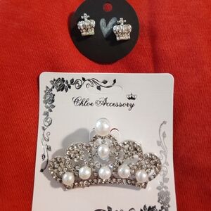 Silver Crown Brooch and Earring Set